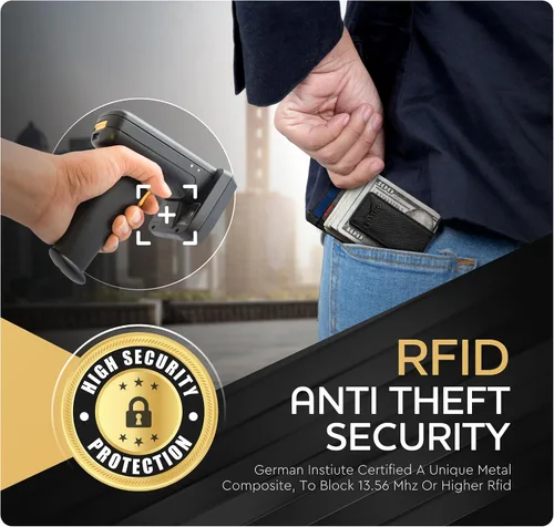 Vista 15 de Billetera de cuero con clip para dinero, bolsillo frontal delgado, bloqueo RFID con imán súper fuerte