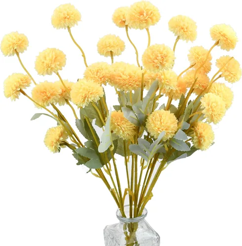 Vista 18 de Mandy's 6 tallos de seda beige Kiku flores de bola Tallos artificiales de crisantemo para decoración del hogar, verano, arreglo floral sintético