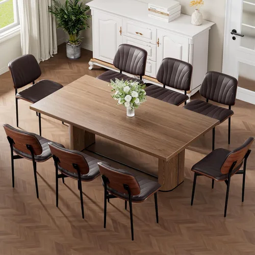 Vista 35 de Juego de 2 sillas de comedor, modernas sillas tapizadas de piel sintética de mediados de siglo con respaldo de nogal y patas de metal, pies