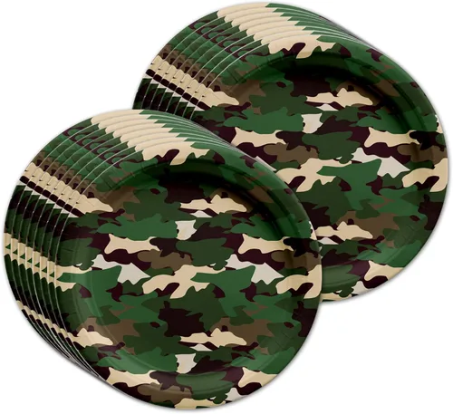Vista 2 de Set de suministros clásicos para fiesta de cumpleaños con diseño de camuflaje, platos, servilletas, vasos, vajilla, kit de 16