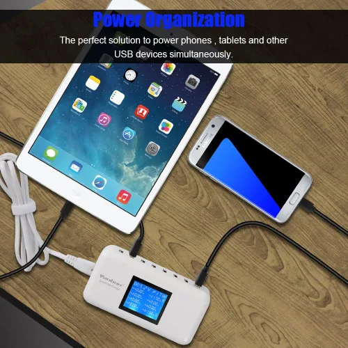 Vista 4 de Estación de carga de escritorio de 60W/12A de 8 puertos Múltiples USB, Hub de cargador de pared rápido de viaje de múltiples puertos con LCD