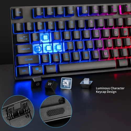 Vista 6 de CHONCHOW Teclado y mouse para juegos con retroiluminación LED USB con iluminación de 104 teclas 3600DPI 2 botones laterales Teclado de mouse