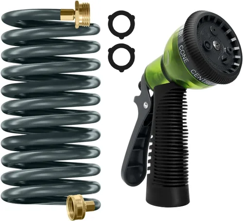 Vista 14 de Manguera de jardín de bobina de EVA de 25 pies con conector de latón de 3/4 pulgadas, manguera de agua en espiral, ligera y sin torceduras, incluye
