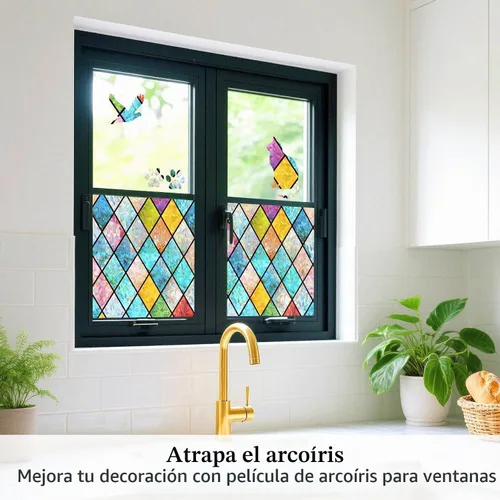 Vista 3 de WPCTEV Película de privacidad para ventana de arco iris, rombo 17.5 3D-cuadrado