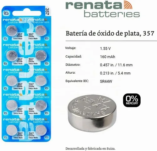 Vista 2 de Renata 357 SR44W Baterías – 1.55 V Óxido de Plata 357 Batería de reloj (2 unidades)