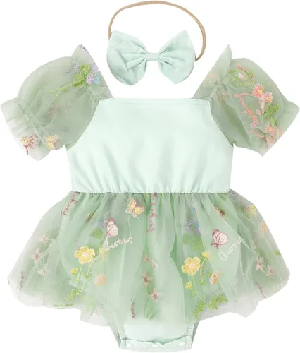 Vista 22 de IDOPIP Conjunto de 2 piezas para bebé recién nacido, con diadema, bordado de flores, tutú, princesa, fiesta de cumpleaños, conjunto de ropa