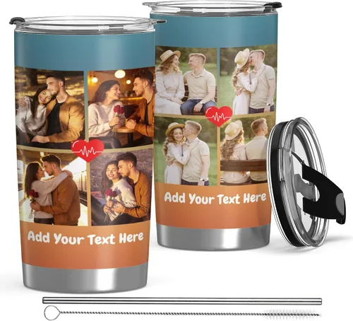 Vista 30 de Vaso personalizado con texto fotográfico, vaso de acero inoxidable con pajilla, taza de café personalizada con foto de viaje, regalo