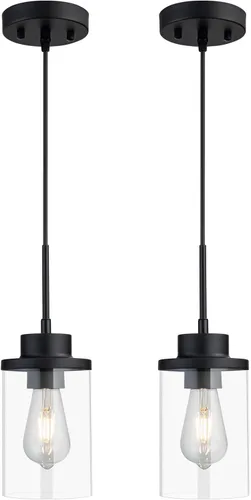Vista 11 de Moderna Lámpara Colgante de Granja Negra de Vidrio Transparente Cilíndrico, Iluminación Colgante de Metal Industrial Mini para Isla de Cocina, Mesa