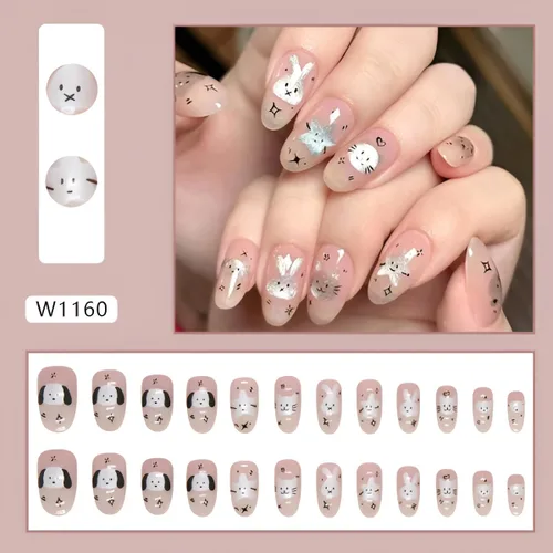 Vista 2 de Uñas postizas a presión de almendra, color rosa degradado medio, con bonito diseño de conejo y gato, uñas postizas de estrella plateada, uñas