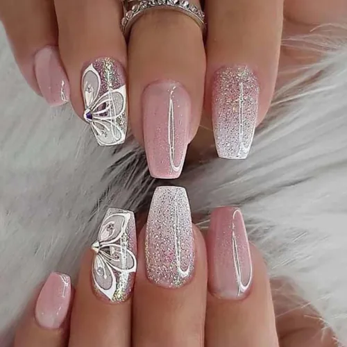 Vista 8 de 24 uñas postizas cuadradas de color negro brillante, de cobertura completa, con diseños de notas musicales, uñas postizas acrílicas con pegamento