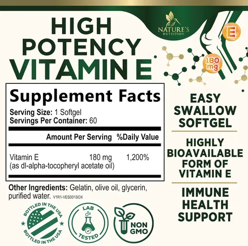 Vista 2 de Vitamina E de 180 mg por porción – Vitaminas E DL-Alfa, suplemento dietético rico en antioxidantes para la piel, el corazón y el apoyo inmunológico