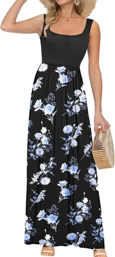 Vista 16 de AUSELILY Vestido largo con cuello cuadrado para mujer, sin mangas, floral, holgado, con bolsillos