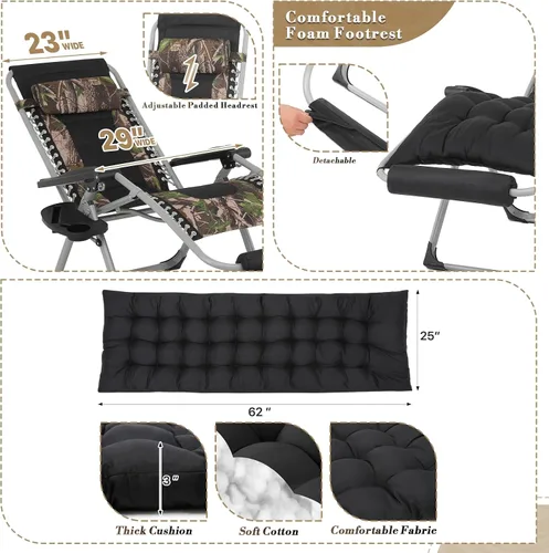 Vista 5 de Athena Collection Zero Gravity - Juego de 2 sillas de salón para exteriores con cojín, 29 pulgadas de ancho, sillas reclinables con soporte