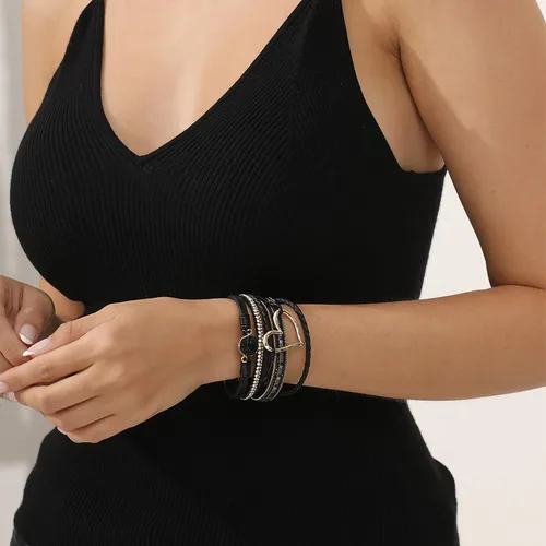 Vista 2 de Fesciory Pulsera de leopardo para mujer, pulsera de cuero bohemio multicapa con perlas de cristal