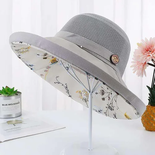Vista 4 de Sombreros de malla de verano para mujeres con protección UV de ala ancha plegables para playa tipo bucket Gris