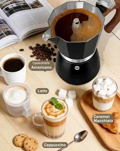 Vista 4 de Cafetera de café para estufa, cafetera de expreso de 3 tazas, olla de moka de aluminio, percolador de 5 oz 150 ml, fácil de preparar para estufas