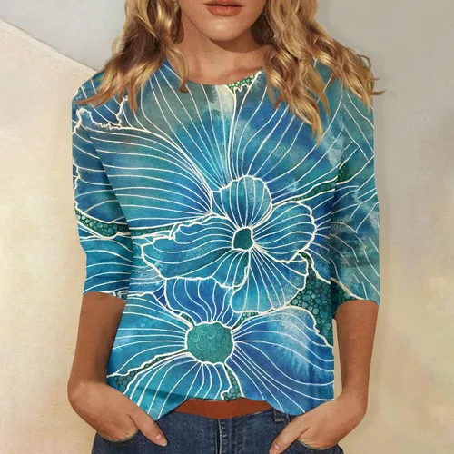 Vista 60 de Camisetas personalizadas para mujer, a la moda, casual, de séptima manga, estampada, cuello redondo, camiseta
