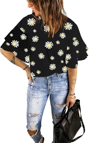 Vista 4 de luvamia Blusa casual de manga acampanada de 34 con cuello redondo para mujer