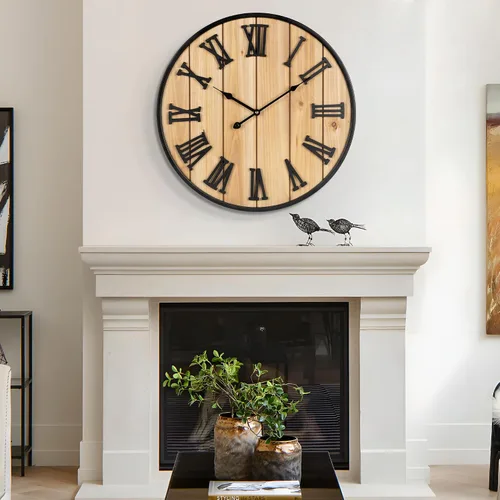 Vista 8 de Reloj de pared grande de 16 pulgadas, reloj de pared silencioso de metal estilo madera, funciona con pilas para decoración de sala de estar, reloj