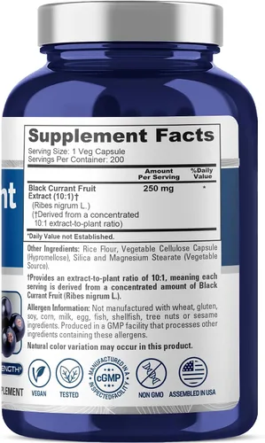 Vista 2 de NusaPure Grosella negra equivalente a 2500 mg por cápsula 200 cápsulas vegetales (polvo, extracto 10:1, vegano, sin OMG y sin gluten)