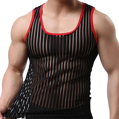 Vista 2 de Stoota Men's Summer T-Shirts Tops Casual, Thin Vest Hollow Out Net Vest Sports Fitness Solid Color Sexy Tank Tops Shirt