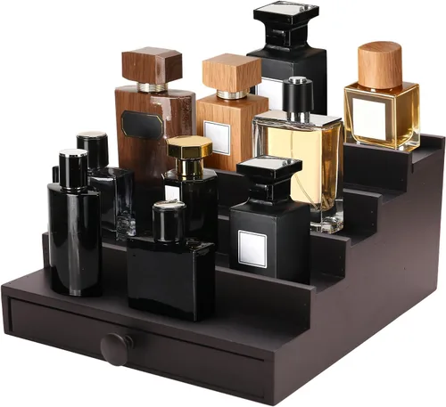 Vista 16 de 4 Tier Men's Cologne Organizer, Black Wooden Display Stand with Drawer Negro-4 niveles