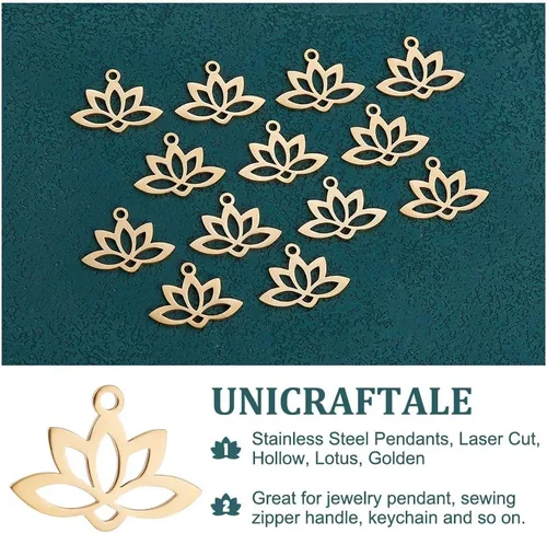 Vista 5 de UNICRAFTALE 20pcs 0.063 in agujero 201 colgantes de acero inoxidable Lotus Flower Charm Flat Hollow Links Yoga Charm Metal Laser Cut Blossom Cut Out