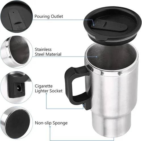 Vista 3 de Taza eléctrica para automóvil, 12 V, 15.2 fl oz, eléctrica en el automóvil, taza de calentamiento de viaje de acero inoxidable, taza de café, té