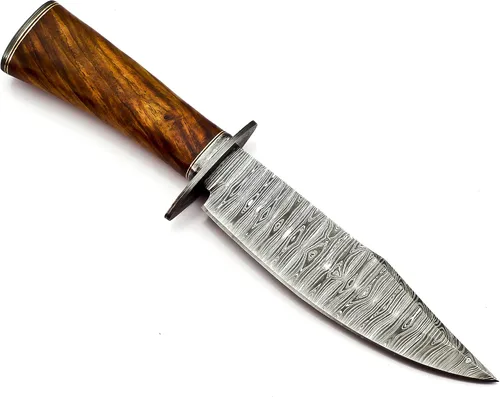 Vista 5 de Nooraki BK-348 Cuchillo Bowie hecho a mano de acero de Damasco con funda de cuero, cuchillo multiusos, mango de palisandro con protector de damasco