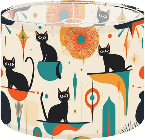 Vista 21 de Drum Lampshade Mid Century Black Cat Starry Lights Retro Style Medium Lamp Shade Replacement Linen Fabric Lampshades for Bedside Table Lamp Floor