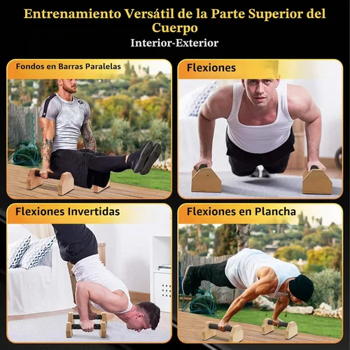 Vista 7 de Soporte de flexión, 2 barras de madera para flexiones, base antideslizante, equipo de entrenamiento en casa, paraletas de madera, soporte de mango
