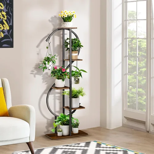 Vista 8 de Soporte para plantas de interior de media luna de 7 niveles con ruedas con bloqueo, estante para plantas de 71 pulgadas de alto con cajón