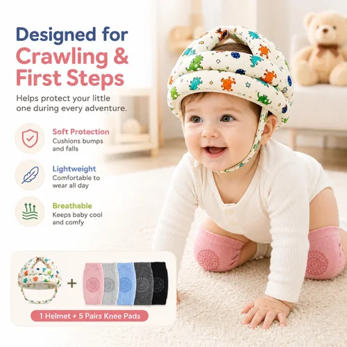 Vista 3 de Juego de protectores de cabeza y rodilleras para bebé, casco de bebé suave y ajustable para gatear, gorra de protección de cabeza infantil con 5