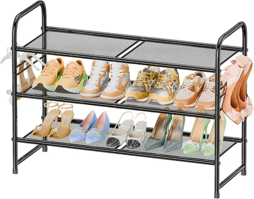 Vista 8 de SUFAUY Zapatero de malla de 3 niveles, estante de zapatos de metal para armario de 33 pulgadas de ancho, resistente, negro