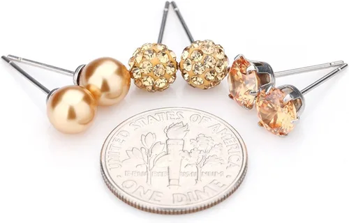 Vista 40 de JewelrieShop - Juego de aretes de tuerca de acero inoxidable con circonitas cúbicas y perlas de imitación, 3 pares de 0.236 in