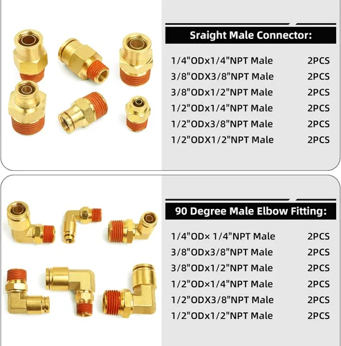 Vista 4 de Kit de surtido de 36 piezas de accesorios de línea de freno de aire DOT de latón 1/4" 3/8" 1/2", accesorios de conexión de empuje para reparación