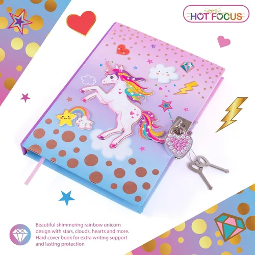 Vista 3 de Hot Focus Diario secreto de unicornio con candado, cuaderno de 7 pulgadas con 300 páginas forradas de doble cara, candado y dos llaves para niños