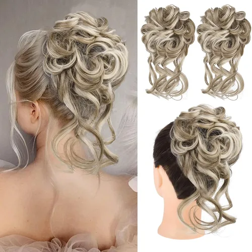 Vista 18 de HOOJIH 2 piezas de extensiones de cabello estilo moño despeinado, extensiones de cabello rizado y ondulado con tiras, cola de caballo, horquillas