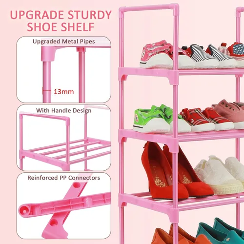 Vista 5 de LNYZQUS Organizador de zapatos pequeños de 5 niveles para niños, estante de zapatos rosa para armario, espacio estrecho, mini estante