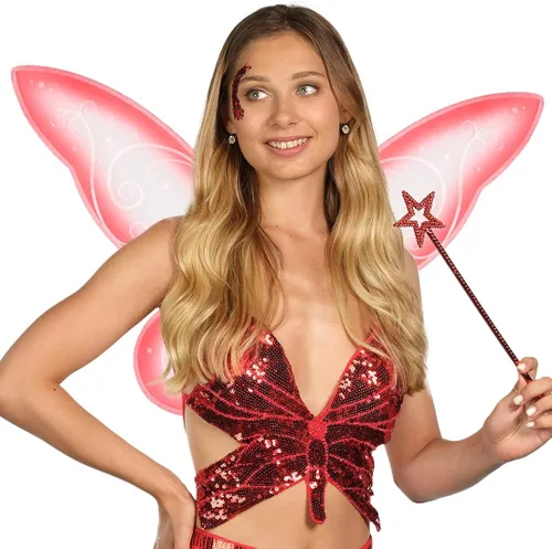 Vista 2 de Funcredible Juego de accesorios para disfraz de hada alas de hada varita de hadas con purpurina de hada alas de hadas de dientes rojos recuerdos