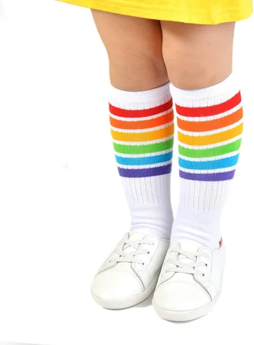 Vista 5 de EPEIUS Calcetines altos a la rodilla con rayas arco iris para bebé, medias de tubo antideslizantes, calcetines de fútbol para niños pequeños y niños