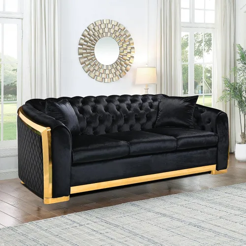 Vista 18 de KEIKI - Juego de sofá de lujo Chesterfield de 2 piezas con 2 sofás de terciopelo de 3 plazas extragrandes, juego de sofá acolchado moderno de 6
