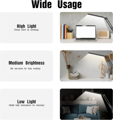 Vista 6 de Lámpara de escritorio LED, lámpara de escritorio con brazo oscilante con abrazadera, 3 modos, 10 niveles de brillo para arquitecto infantil, función