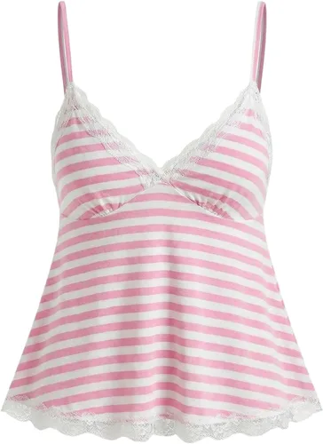 Vista 23 de SOLY HUX Tops tipo babydoll a rayas con encaje Y2K para mujer Negro (Black Polka Dots)