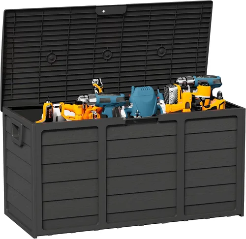 Vista 7 de Caja de almacenamiento para terraza al aire libre de 75 galones, resina resistente con tapa bloqueable, resistente a los rayos UV para muebles
