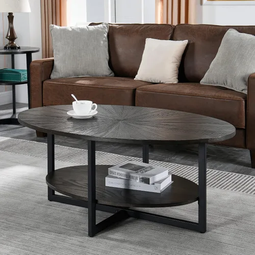 Vista 7 de Mesa auxiliar ovalada de madera con estante de almacenamiento, mesa de 2 niveles, negro y marrón Negro marrón-43.3 pulgadas