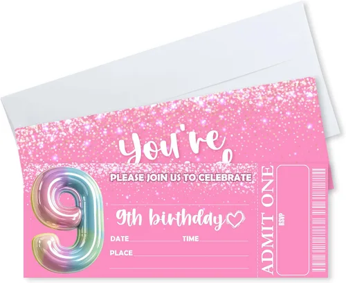 Vista 5 de Invitaciones de cumpleaños de 3 x 8 pulgadas – 20 tarjetas de invitación con purpurina rosa con 20 sobres – Boletos VIP estilo relleno de doble cara