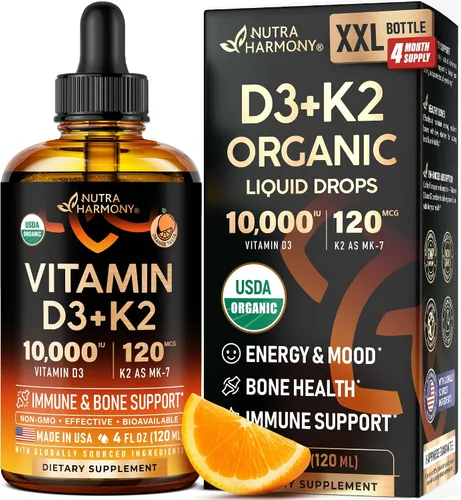 Vista 11 de Gotas Orgánicas USDA de Vitamina D3 K2 – Vitamina D3 10000 UI y K2 como MK-7 120mcg – Apoyo inmunológico y del estado de ánimo, salud de huesos