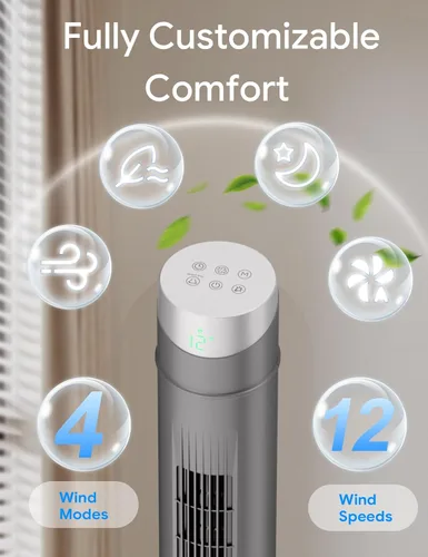 Vista 64 de ZAFRO Ventilador de torre inteligente para dormitorio, ventilador de torre oscilante de 120°, 28 pies/s de alta velocidad, 12 velocidades, 4 modos