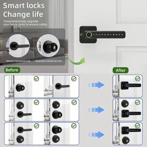 Vista 5 de Cerradura de puerta inteligente, perilla de puerta de huellas dactilares, perilla digital 5 en 1, aplicación/código de teclado/tarjetas IC/huellas